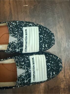 Composition Book Print Women's Slip-On Flats in Black and White